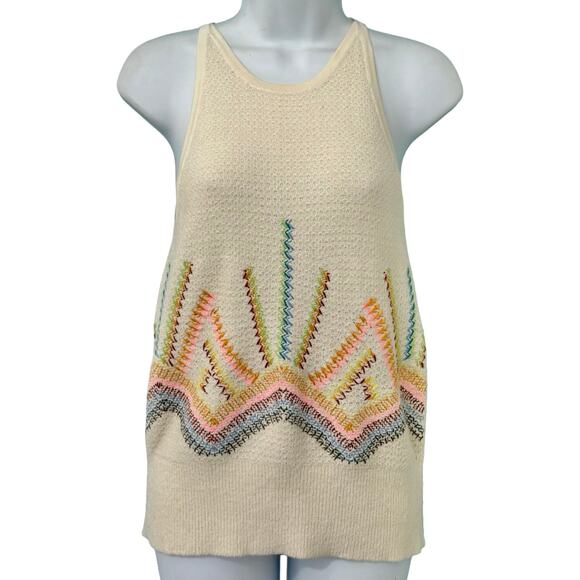 Anthropologie Cream Rainbow Cross Stitch Sunrise Embroidered Knit Tank Top Sz XS - Picture 1 of 12
